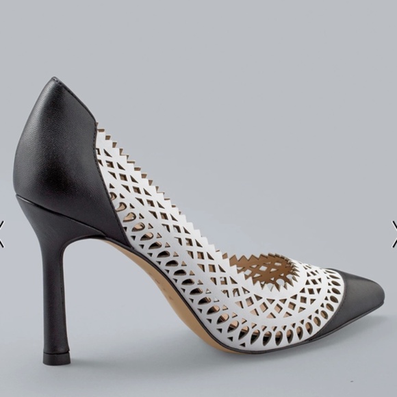 Black & White Laser-Cut High-Heel Pumps - Picture 2 of 2
